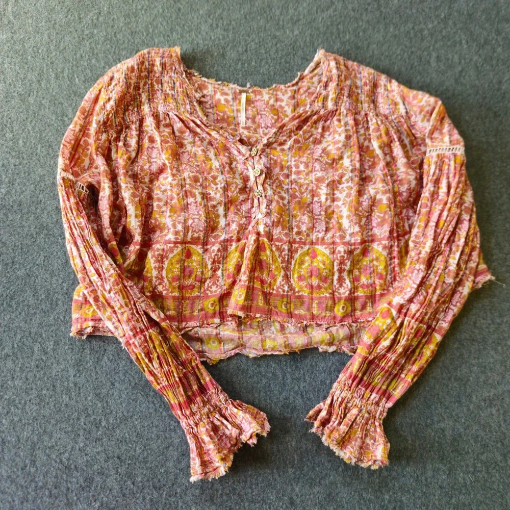 FREE PEOPLE Floral Metallic Lurex Boho Crop Top Size XS Balloon Sleeve Festival